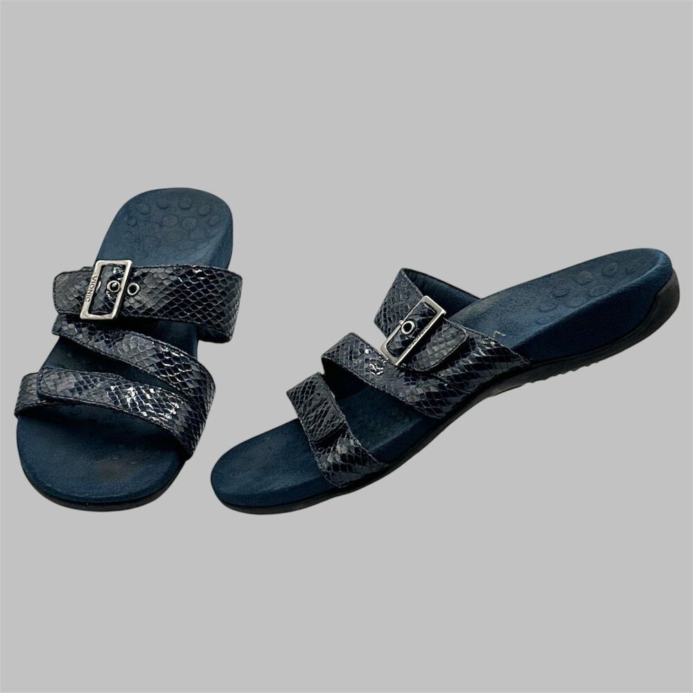 Vionic Skylar Snakeskin Blue Adjustable Orthotic Slide Sandals Womens Size 8